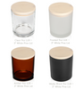 LUX Jars: Amber, Clear, Frosted White, & Matte Black. Great for Retail. Available in 10oz Max Capacity, 8.1oz Recommended Fill. Case of 12, Wood Lid Options: Acacia, Natural Oak or White Pine (Sold Separately) || Pots LUX : Ambre, Transparent, Blanc Givré et Noir Mat. Idéaux pour la vente au détail. Disponibles en capacité maximale de 10 oz, remplissage recommandé à 8,1 oz. Boîte de 12, Options de couvercle en bois : Acacia, Chêne Naturel ou Pin Blanc (Vendus séparément