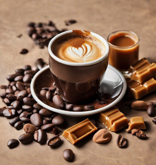 Caramel and coffee beans surrounding a latte espresso as a visual representation of Afternoon Espresso Fragrance Oil available at Village Craft and Candle 