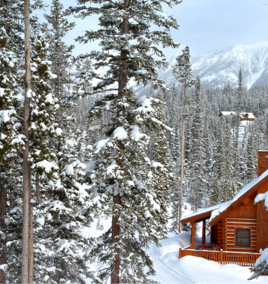  Cabane en rondins dans une forêt enneigée dans les montagnes comme représentation visuelle de l'huile parfumée Alpine Getaway disponible chez Village Craft and Candle