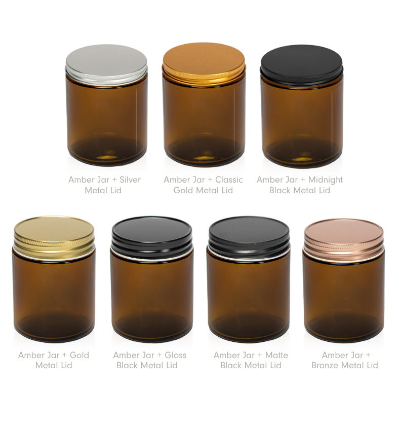 Image of a amber glass jar with all lid options to represent Village Craft & Candle's 8oz Amber Element Straight Side Jar & Element Lids for candle making. || Image d’un pot en verre ambré avec toutes les options de couvercle pour représenter le pot droit Amber Element de 8 oz de Village Craft & Candle et les couvercles Element pour la fabrication de bougies.