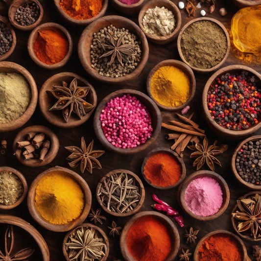 Collection of various colourful spices as a visual representation of Mahogany Amber Spice Fragrance Oil available at Village Craft and Candle 