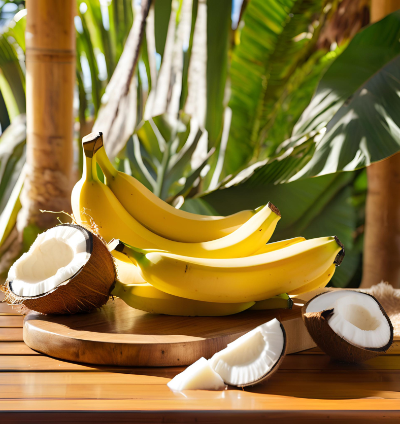 Image of a bunch of bananas & fresh coconut in a tropical location with palm trees to represent Village Craft & Candle's Banana Cabana Fragrance Oil || Image d'un régime de bananes et d'une noix de coco fraîche dans un lieu tropical avec des palmiers pour représenter l'huile parfumée Banana Cabana de Village Craft & Candle.