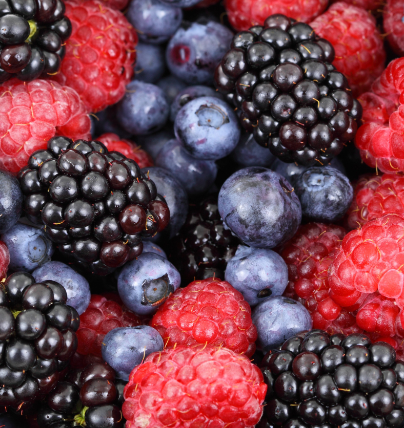 Assorted blueberries, raspberries, blackberries and strawberries with mint garnish as a visual representation of Berry Blaster Fragrance Oil available at Village Craft and Candle || Bol en bois d'un assortiment de myrtilles, framboises, mûres et fraises avec garniture à la menthe comme représentation visuelle de l'huile parfumée Berry Blaster disponible chez Village Craft and Candle
