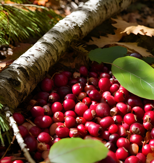 Birch tree log with sunlit cranberries and leaves as a visual representation of Birch Wood and Cranberry Fragrance Oil at Village Craft & Candle 