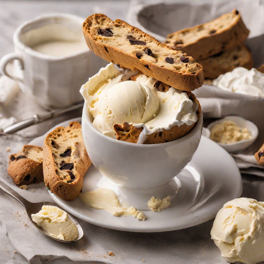  Un petit bol de glace à la vanille avec des biscotti au chocolat sur le dessus comme représentation visuelle de l'huile parfumée à la crème glacée Biscotti disponible chez Village Craft and Candle.