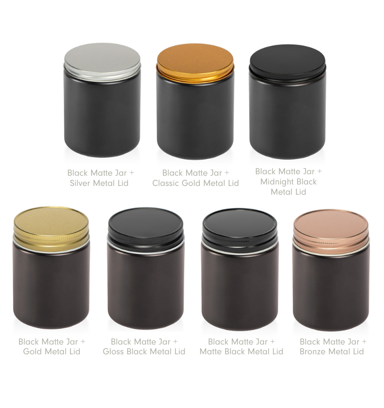 Image of a matte black glass jar with all lid options to represent Village Craft & Candle's 8oz Matte Black Element Straight Side Jar and Element Lids for candle making. ||  Image d’un pot en verre noir mat avec toutes les options de couvercle pour représenter le pot droit Matte Black Element de 8 oz de Village Craft & Candle et les couvercles Element pour la fabrication de bougies.