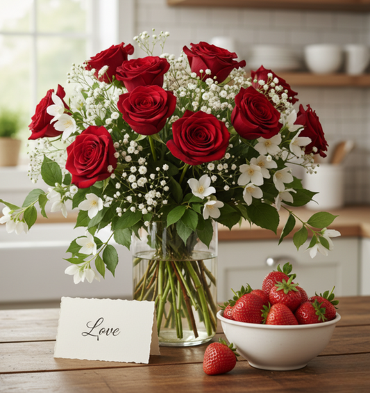 A still life featuring a luxurious bouquet of red roses, white baby's breath, and jasmine in a glass vase, placed next to a white bowl overflowing with ripe red strawberries on a wooden kitchen counter. 