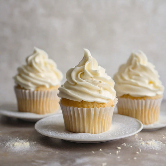  Trois cupcakes à la crème au beurre à la vanille comme représentation visuelle de l'huile parfumée à la crème au beurre disponible chez Village Craft and Candle