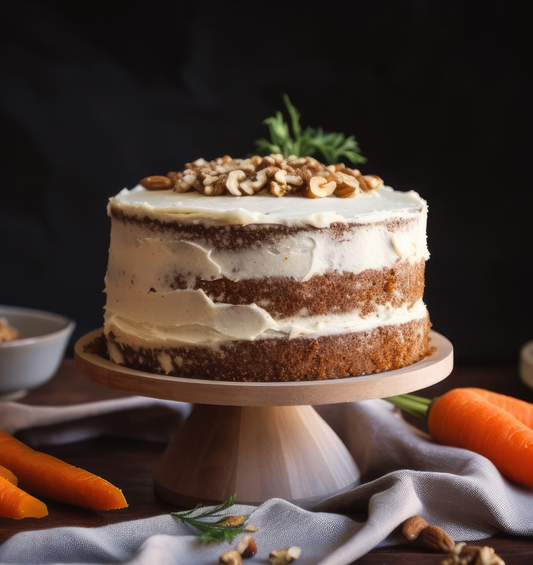 Carrot cake on a cake stand with carrots & walnuts as a visual representation of Carrot Spice Cake Fragrance Oil available at Village Craft and Candle 