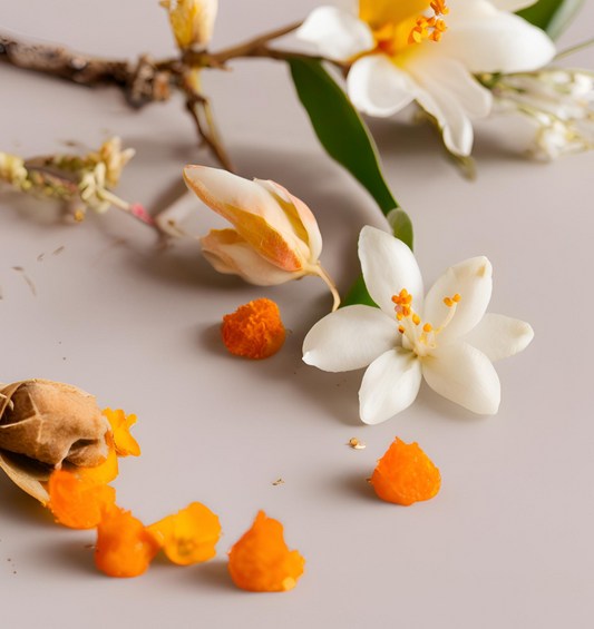 Champa flowers with orange blossoms as a visual representation of Champa fragrance from Village Craft & Candle | Des fleurs de Champa avec des fleurs d'oranger comme représentation visuelle du parfum Champa de Village Craft & Candle