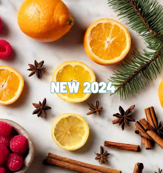 Sliced citrus fruits with assorted spices, cinnamon, berries, and balsalm on white background with the words "NEW 2024" embossed in the foreground as a visual representation of Citrus Balsam Fragrance Oil available at Village Craft and Candle 
