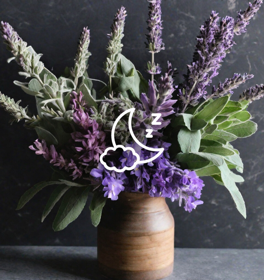 Sage and lavender in a wood vase with an embossed moon and clouds as a visual representation of Clary Sage & Lavender EmotiScents (Relaxing) Fragrance Oil available at Village Craft and Candle 