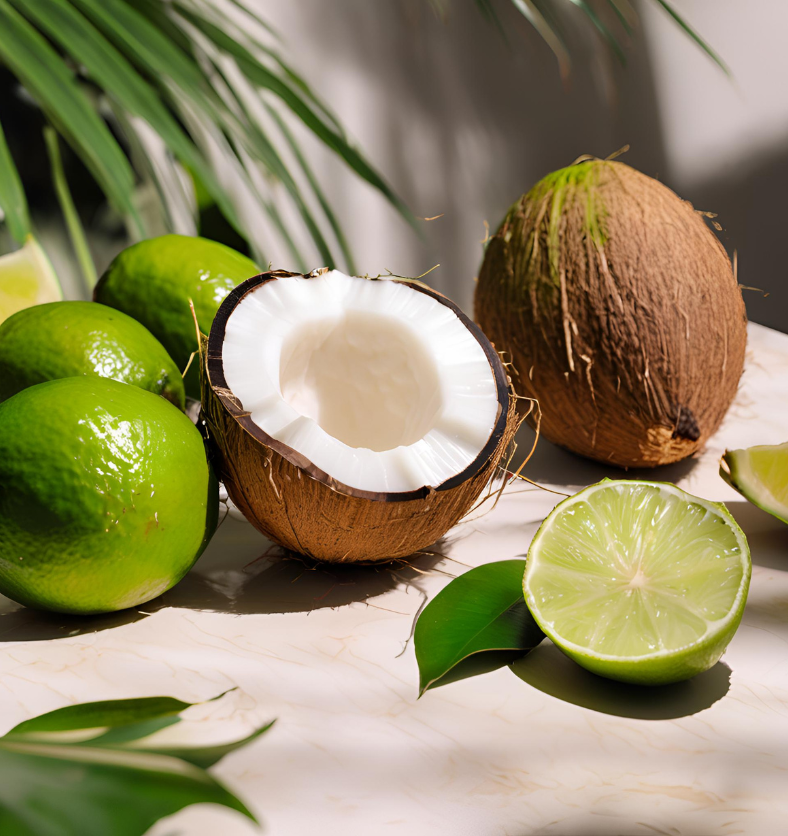 Coconut halves with sliced limes on wood table with palm leaves and coconut shavings as a visual representation of Coconut Lime Fragrance Oil available at Village Craft and Candle || Moitiés de noix de coco avec des tranches de citron vert sur une table en bois avec des feuilles de palmier et des copeaux de noix de coco comme représentation visuelle de l'huile parfumée à la noix de coco et au citron vert disponible chez Village Craft and Candle