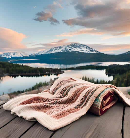 Traditional blanket with a foggy lake and trees in the background as a visual representation of Comfy Cozy Fragrance Oil available at Village Craft and Candle 