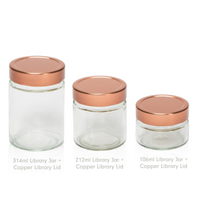 314ml library jar with silver, copper and black lids