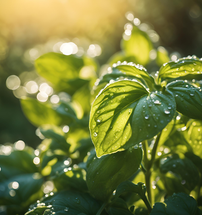 Closeup image of a dewy basil plant to represent Village Craft & Candle's Crushed Basil Fragrance Oil || Image rapprochée d'une plante de basilic recouverte de rosée pour représenter l'huile parfumée Crushed Basil de Village Craft & Candle.