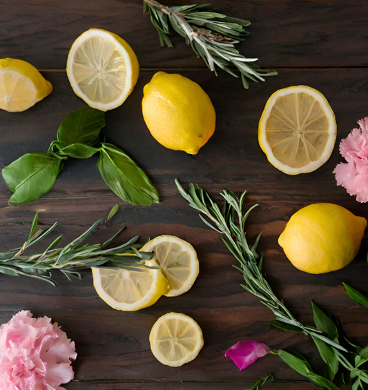 Image of sliced lemons, rosemary, basil leaves, & carnations on a wood table to represent Village Craft & Candle's Drakkar Fragrance Oil. 