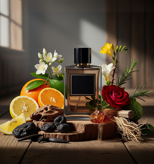  Nature morte pour l'huile parfumée « Dark Oud & Lemon Bitters », présentant un flacon de parfum entouré de tranches de citron, d'orange, de jasmin, de rose, de freesia, d'herbes, de bois de oud, de gousses de vanille, de résine d'ambre et de racines.