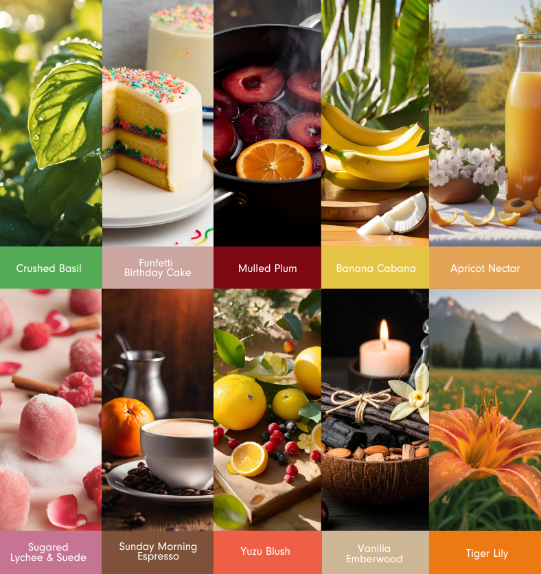 Collage of ten images representing new fragrance releases: Crushed Basil, Funfetti Birthday Cake, Mulled Plum, Banana Cabana, Apricot Nectar, Sugared Lychee & Suede, Sunday Morning Espresso, Tiger Lily, Vanilla Emberwood, and Yuzu Blush. | Montage de dix images représentant les nouvelles versions de parfums : Basilic Écrasé, Gâteau d'Anniversaire Funfetti, Prune Épicée, Cabane Banane, Nectar d'Abricot, Litchi Sucré & Daim, Espresso du Dimanche Matin, Lys Tigré, Bois d'Ambre Vanille, et Rougeur Yuzu.