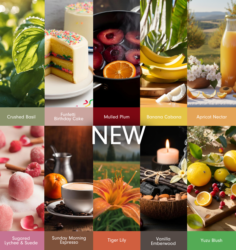Collage of ten images representing new fragrance releases: Crushed Basil, Funfetti Birthday Cake, Mulled Plum, Banana Cabana, Apricot Nectar, Sugared Lychee & Suede, Sunday Morning Espresso, Yuzu Blush, Vanilla Emberwood, and Tiger Lily. | Montage de dix images représentant les nouvelles versions de parfums : Basilic Écrasé, Gâteau d'Anniversaire Funfetti, Prune Épicée, Cabane Banane, Nectar d'Abricot, Litchi Sucré & Daim, Espresso du Dimanche Matin, Rougeur Yuzu, Bois d'Ambre Vanille, et Lys Tigré.