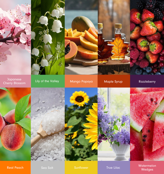 Collage of ten colourful enticing images as a visual representation of Spring & Summer Fragrance Explore Kit  available at Village Craft and Candle 