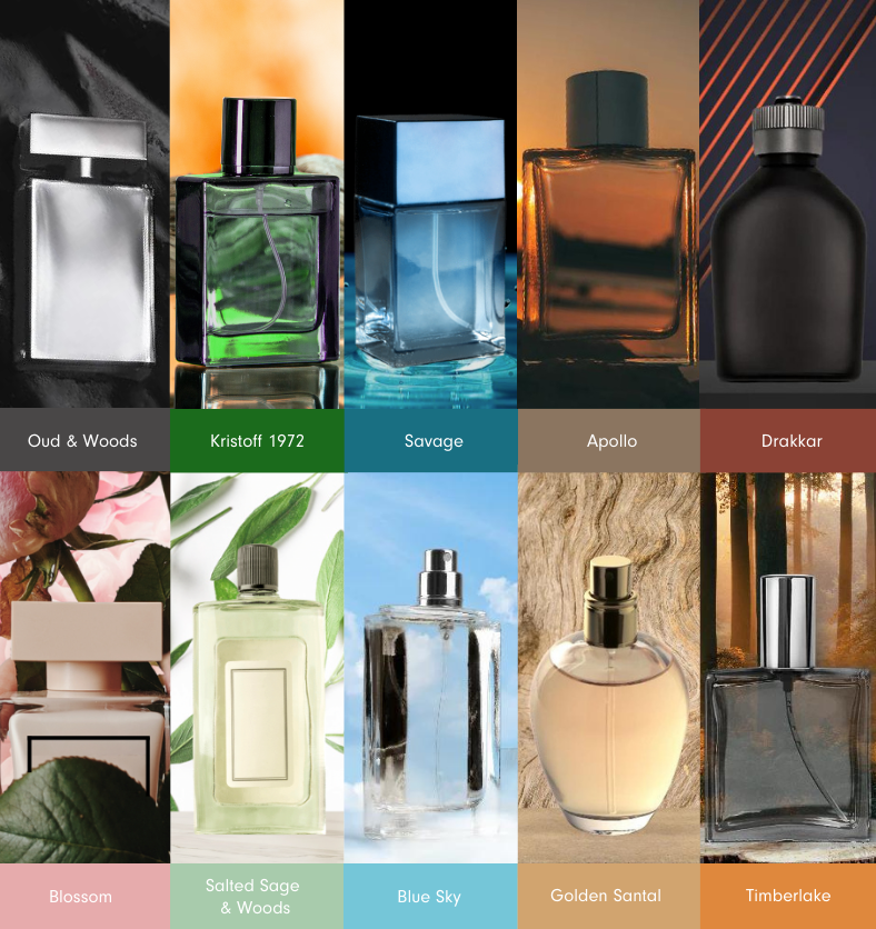 Collage of 10 images of cologne and perfume bottles against various backgrounds || Collage de 10 images de flacons d'eau de Cologne et de parfum sur différents fonds