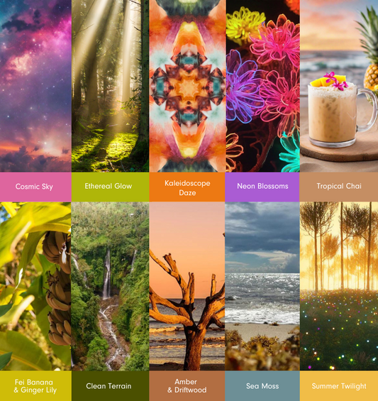 Collage de dix images colorées et attrayantes comme représentation visuelle du kit d'exploration des parfums printemps et été disponible chez Village Craft and Candle.
