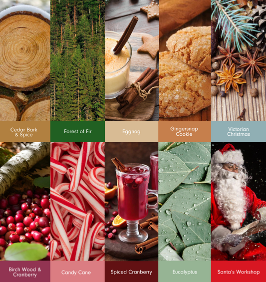 Collage of ten colourful enticing images as a visual representation of Winter Fragrance Explore Kit  available at Village Craft and Candle 