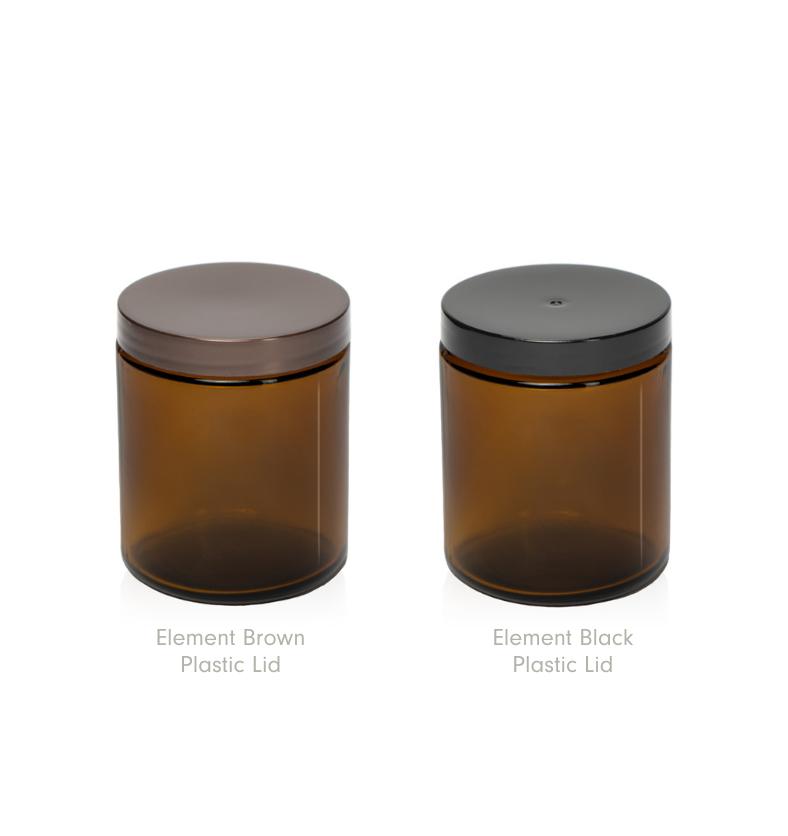 Two Amber Element 8oz Straight Side Jars with Black and Brown Plastic Lid Options || Deux pots latéraux droits Amber Element de 8 oz avec options de couvercle en plastique noir et marron
