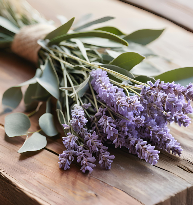 Eucalyptus and lavender bundle on a wood background as a visual representation of Eucalyptus & French Lavender Fragrance Oil available at Village Craft and Candle || Eucalyptus et lavande sur fond blanc comme représentation visuelle de l'huile parfumée d'eucalyptus et de lavande française disponible chez Village Craft and Candle