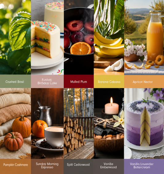 A 2x4 collage of eight vertical panels, each showing a different cozy or food-themed scene with a matching color label underneath. The scenes include Crushed Basil, Funfetti Birthday Cake, Mulled Plum, Banana Cabana, Apricot Nectar, Pumpkin Cashmere, Sunday Morning Espresso, Split Cedarwood, Vanilla Emberwood, and Vanilla Lavender Buttercream.