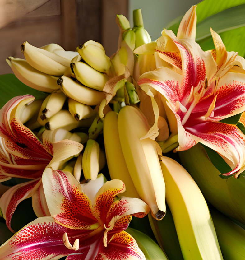  Lilies and bananas on counter depicting Fei Banana and Ginger Lily Fragrance Oil at Village Craft and Candle  || Des lys et des bananes sur le comptoir illustrant l'huile parfumée Fei Banane et Lys de Gingembre disponible chez Village Craft and Candle.