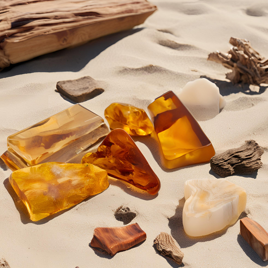 Image of pieces of amber and drift wood laying on sand to represent Village Craft & Candle's Golden Santal Fragrance Oil 