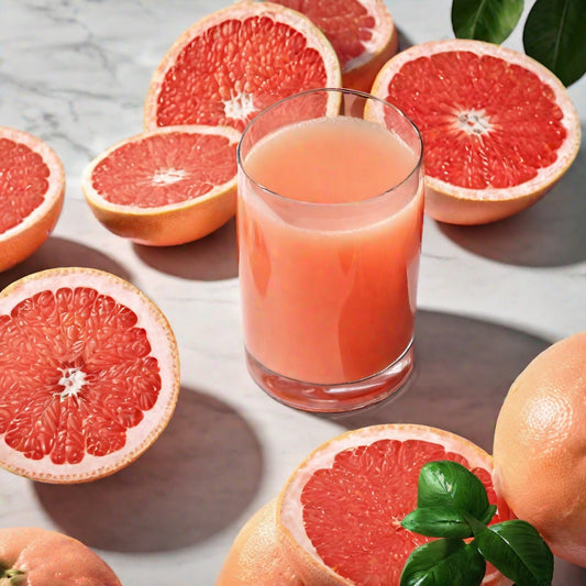 Glass of Grapefruit juice surrounded by cut grapefruits as a visual representation of Florida Grapefruit Essential Oil available at Village Craft and Candle 