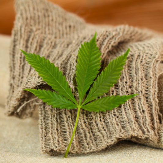 A hemp leaf on a beige wool sweater as a visual representation of Hemp Fragrance Oil available at Village Craft and Candle 