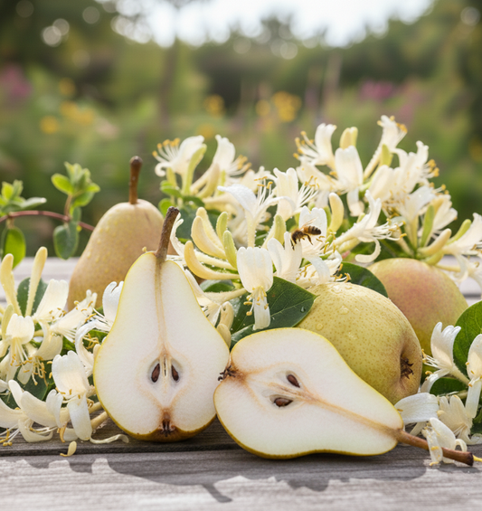  A bright, sunny outdoor scene showcasing Honeysuckle & Pear fragrance notes with sliced and whole ripe pears nestled among white honeysuckle flowers on a rustic wooden surface. 