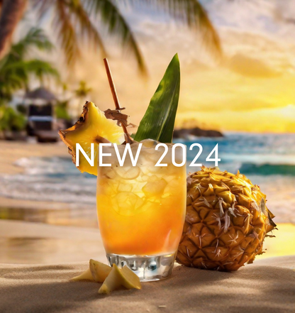 Tropical fruit cocktail on the beach with the words "NEW 2024" centered as a visual representation of Jamaican Bay Rum Fragrance Oil available at Village Craft and Candle || Cocktail de fruits tropicaux sur la plage avec les mots « NEW 2024 » centrés comme une représentation visuelle de l'huile parfumée au rhum Jamaican Bay disponible chez Village Craft and Candle.