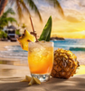 Tropical fruit cocktail on the beach with a sunset background as a visual representation of Jamaican Bay Rum Fragrance Oil available at Village Craft and Candle || Cocktail de fruits tropicaux sur la plage avec un fond de coucher de soleil comme représentation visuelle de l'huile parfumée au rhum de la baie jamaïcaine disponible chez Village Craft and Candle