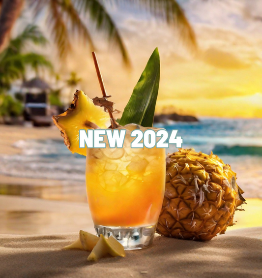 Tropical fruit cocktail on the beach with the words "NEW 2024" centered as a visual representation of Jamaican Bay Rum Fragrance Oil available at Village Craft and Candle 