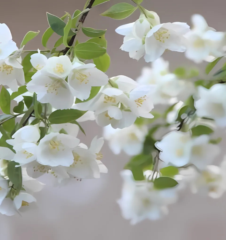 White flowers on a branch with a solid beige background as a visual representation of Jasmine & White Silk Fragrance Oil available at Village Craft and Candle || Fleurs blanches sur une branche avec un fond beige uni comme représentation visuelle de l'huile parfumée au jasmin et à la soie blanche disponible chez Village Craft and Candle