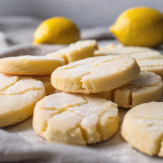  Biscuits sablés au citron avec une garniture au sucre avec des citrons en arrière-plan comme représentation visuelle de l'huile parfumée Shortbread au citron disponible chez Village Craft and Candle