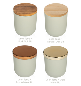 Modern 10oz TERRA Glass Jar Elevates Candle Collection: Sleek Design in Matte & Glossy White/Black, Linen, Tapioca, Clay, Sage, Silver Cloud & Smoke.
