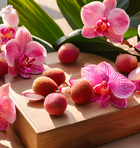  Orchidées roses éclairées par le soleil et litchis sur une planche à découper en bois comme représentation visuelle de l'Huile parfumée Litchi et Orchidée Rose chez Village Craft & Candle.