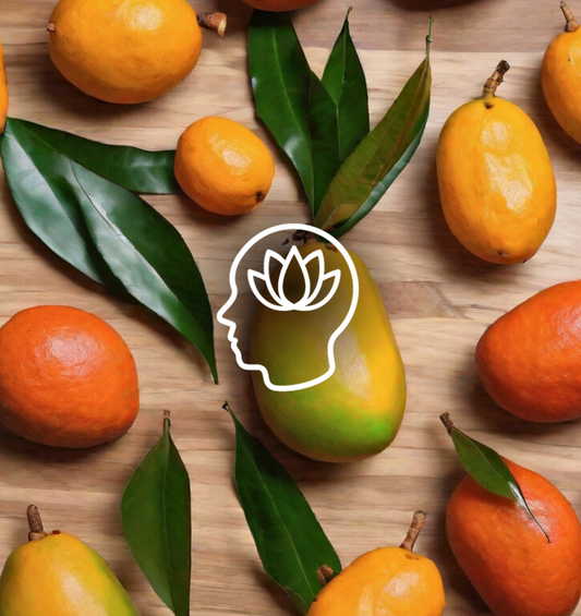  Mangues et mandarines disposées spacieusement avec un graphique de pleine conscience comme représentation visuelle de l'huile parfumée Mango Tangerine EmotiScents (Bien-être) disponible chez Village Craft and Candle.
