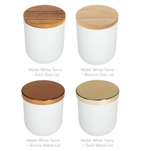 

Load image into Gallery viewer, Modern 10oz TERRA Glass Jar Elevates Candle Collection: Sleek Design in Matte &amp; Glossy White/Black, Linen, Tapioca, Clay, Sage, Silver Cloud &amp; Smoke.

