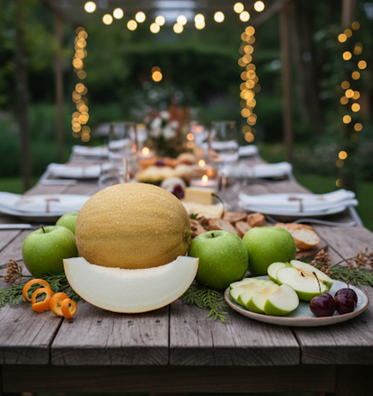 Muskmelon (Cantaloupe), sliced green apples, cherries, and orange peel set on a rustic wooden table with a blurred background of a dimly lit outdoor dinner party. 
