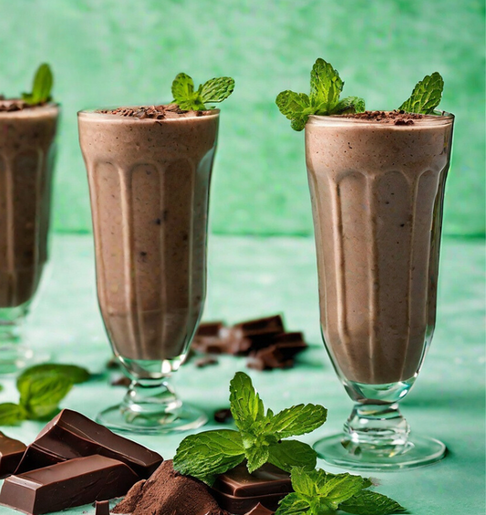 Mint chocolate smoothies on a green background as a visual representation of Mint Smoothie Fragrance Oil available at Village Craft and Candle 