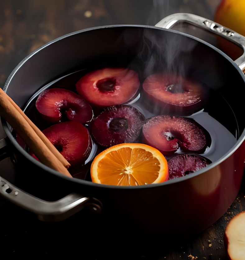 Mulled Plum Fragrance Oil represented by simmering plums with orange slices and cinnamon sticks, capturing a warm, fruity, spiced aroma || Huile parfumée Mulled Plum représentée par des prunes mijotées avec des tranches d’orange et des bâtons de cannelle, évoquant un arôme chaud, fruité et épicé.
