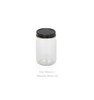 A clear 12oz Mason jar with a black Massilly lid on a white background. || Un pot Mason transparent de 12 oz avec un couvercle noir Massilly sur fond blanc.