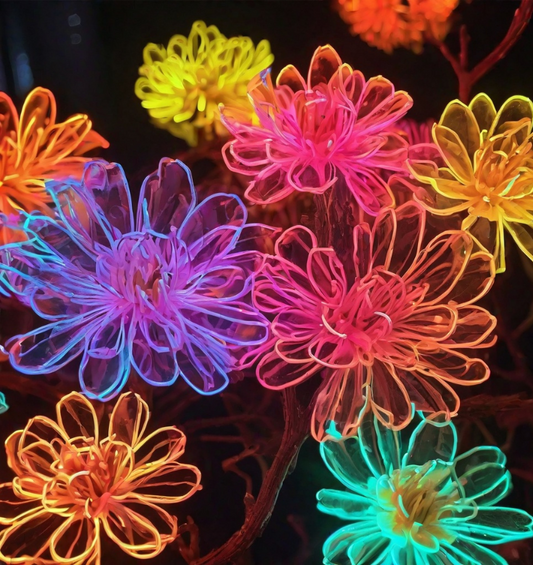  Des fleurs lumineuses au néon apparaissent sur un fond noir élégant comme une représentation visuelle de l'huile parfumée Neon Blossoms disponible chez Village Craft and Candle.